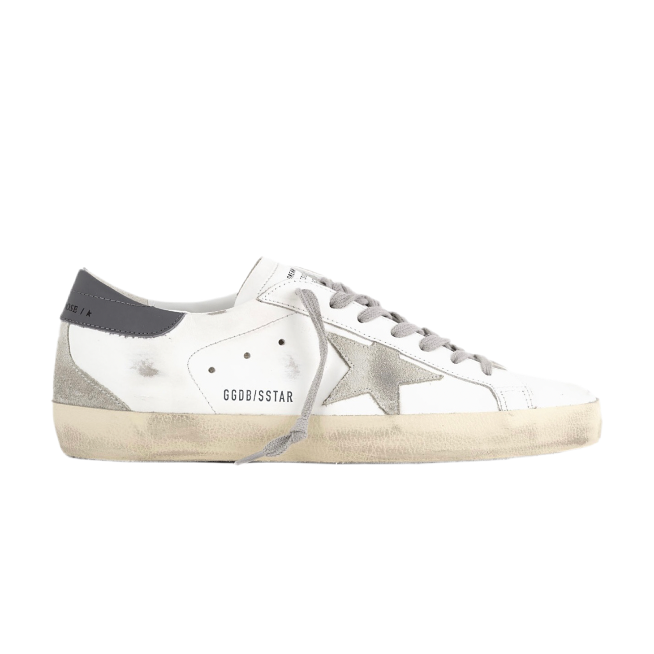 C44F361E-B079-4866-9F12-1A2B10C0A72C.png Golden Goose Super-Star trainers in smooth white leather with dark grey back and suede leather star(Men) - Image 1