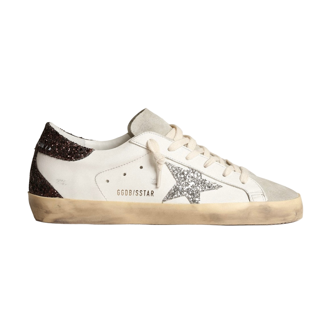 GoldenGooseSuper-Starwithsilverstarandbrown.png Golden Goose Super-Star with silver star and brown glitter heel tab(Women's) - Image 1