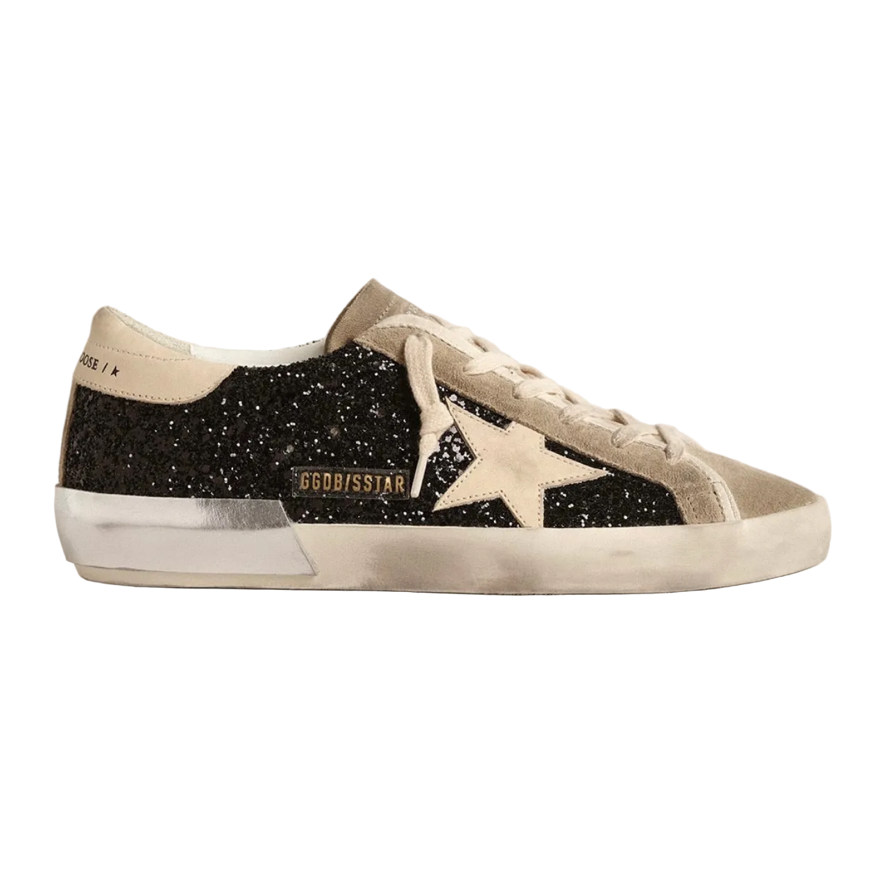 GoldenGooseinblackglitterwithcreamstarand.png Golden Goose in black glitter with cream star and suede inserts(Women's) - Image 1